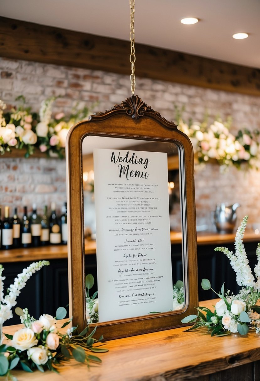 A vintage mirror hangs on a rustic wooden bar, reflecting the handwritten wedding menu surrounded by delicate floral arrangements