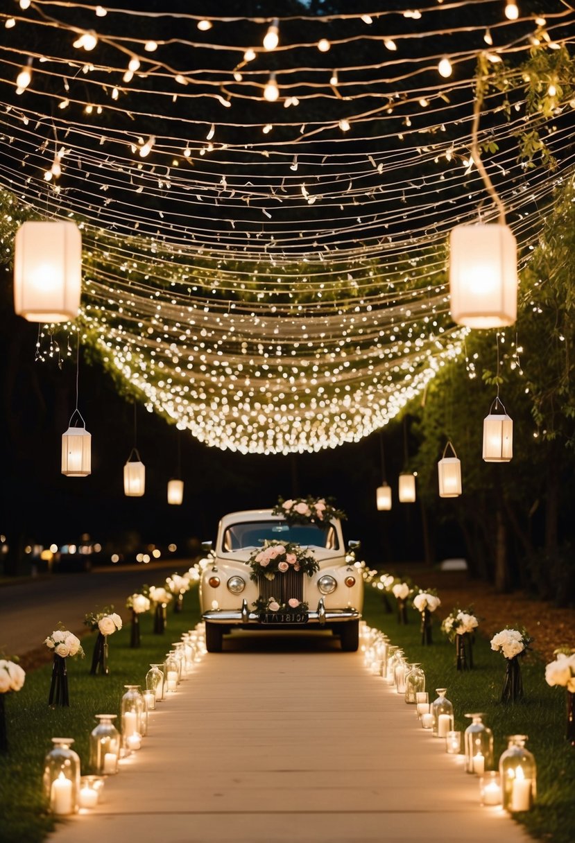 A canopy of twinkling lights and floating lanterns illuminates a path lined with sparklers, leading to a vintage car adorned with flowers for a romantic send off at a wedding