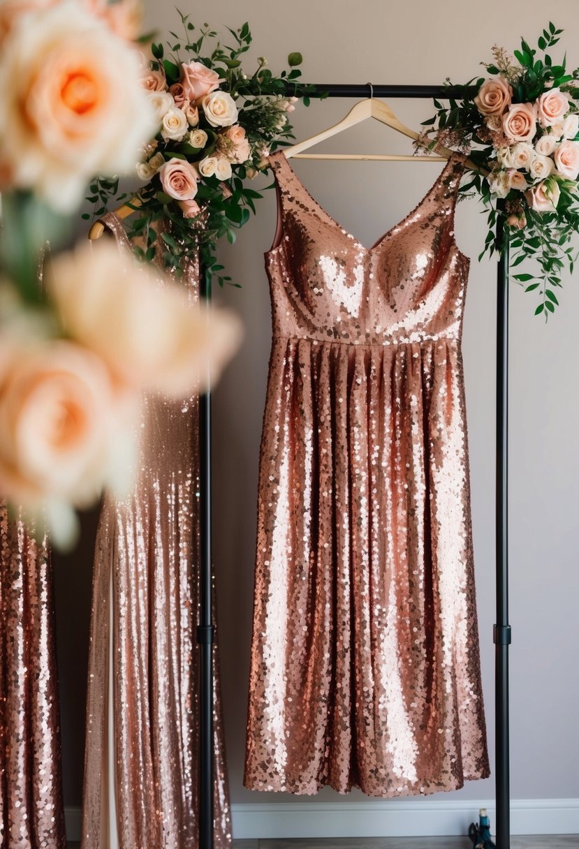 Rose gold sequined bridesmaid dresses hanging on a clothing rack, surrounded by rose gold wedding decor and flowers