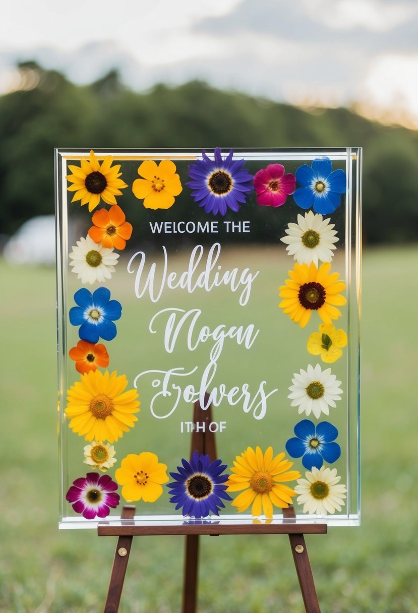 A lucite board adorned with colorful pressed flowers, serving as a unique and elegant wedding sign