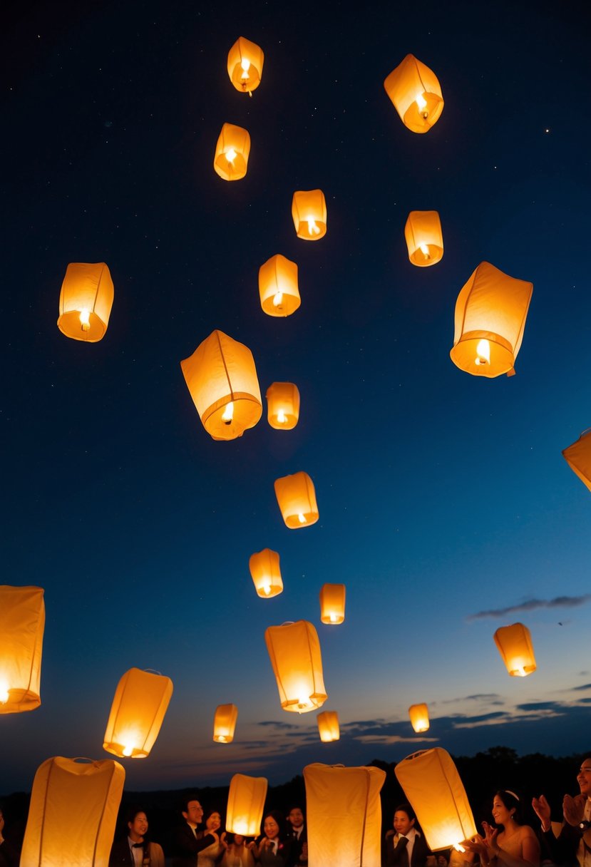 A group of sky lanterns ascending into the night sky, illuminating the darkness with their warm glow, creating a magical and enchanting send-off for a wedding