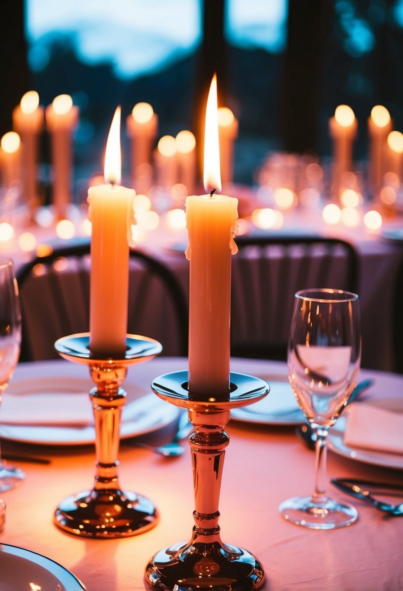 Rose gold candle holders casting warm light on a romantic wedding table