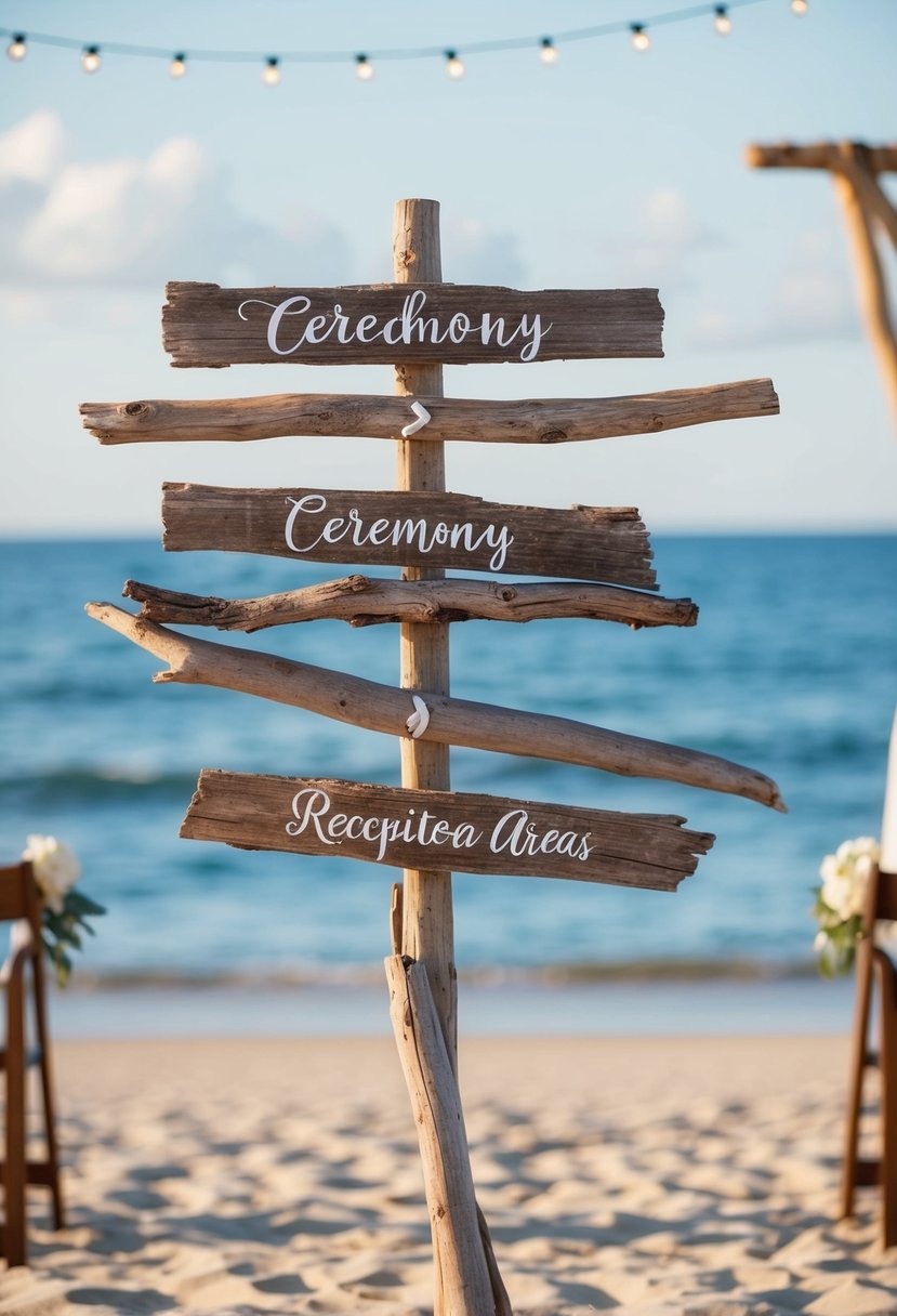 A beach wedding scene with rustic driftwood stake signs marking the ceremony and reception areas