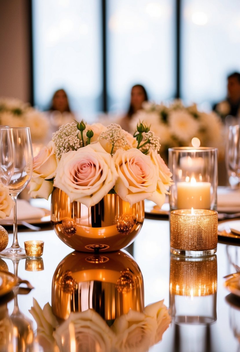 Rose gold centerpieces reflect in the light, adorned with delicate roses and shimmering details, creating an elegant and romantic ambiance for a wedding