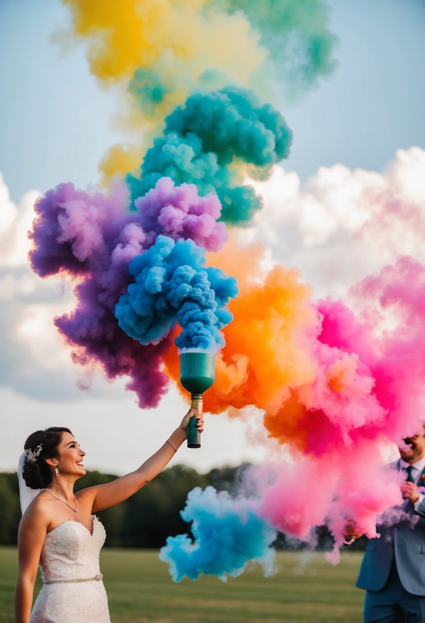 A smoke bomb releases a cloud of colorful smoke, creating a vibrant and whimsical atmosphere for a wedding send-off