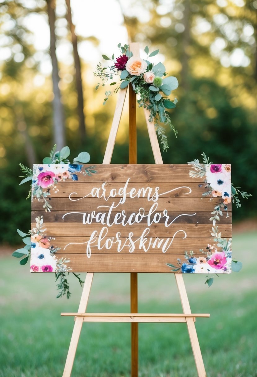 A rustic wooden sign adorned with watercolor florals and calligraphy