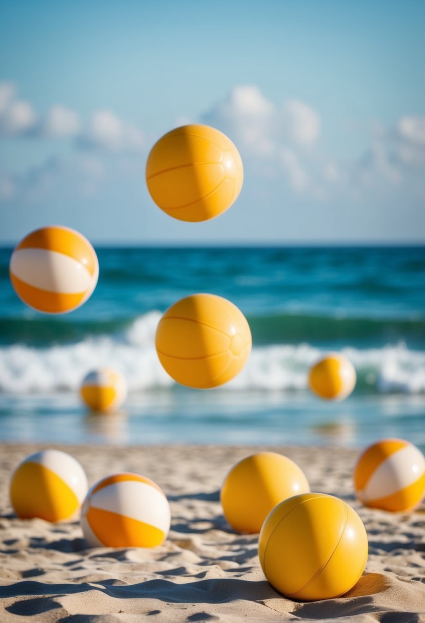 A group of beach balls being tossed in the air at a sandy beach with ocean waves in the background