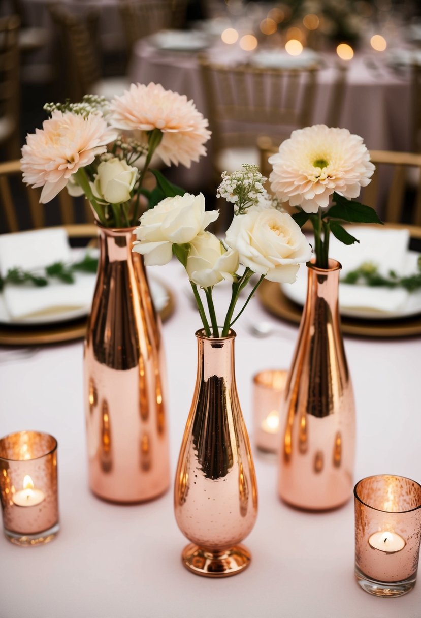 Mercury glass vases in rose gold hues, filled with delicate flowers, adorn a romantic wedding reception table