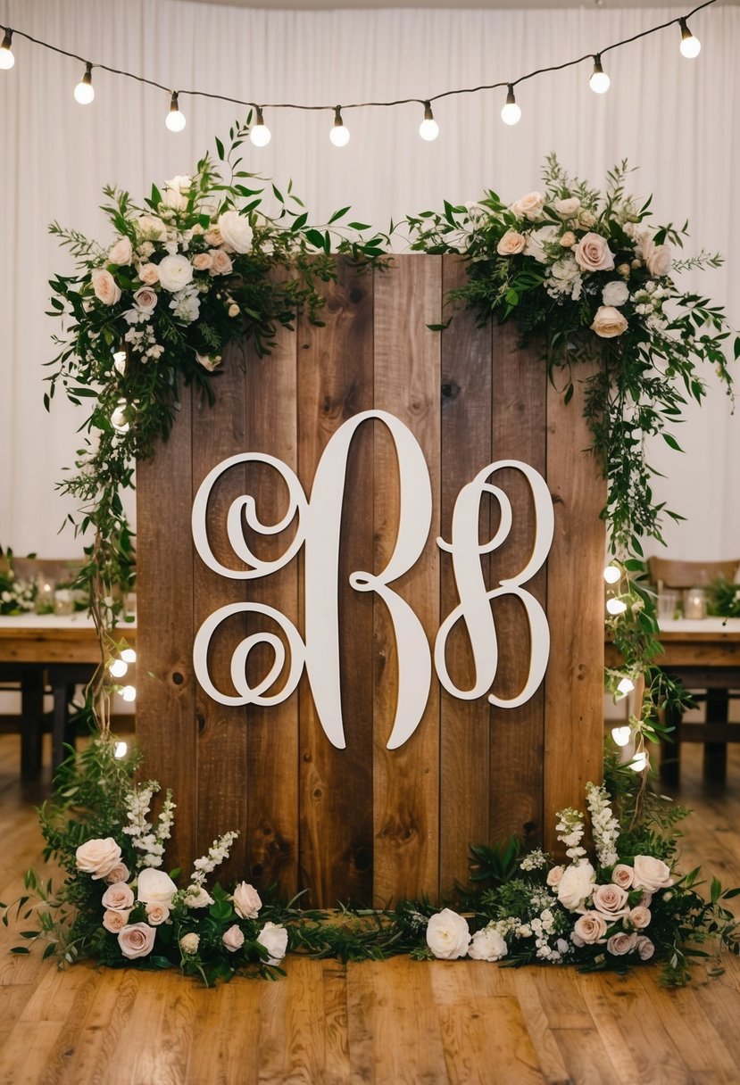 A rustic wooden sign with a large personalized monogram, surrounded by delicate floral arrangements and twinkling string lights