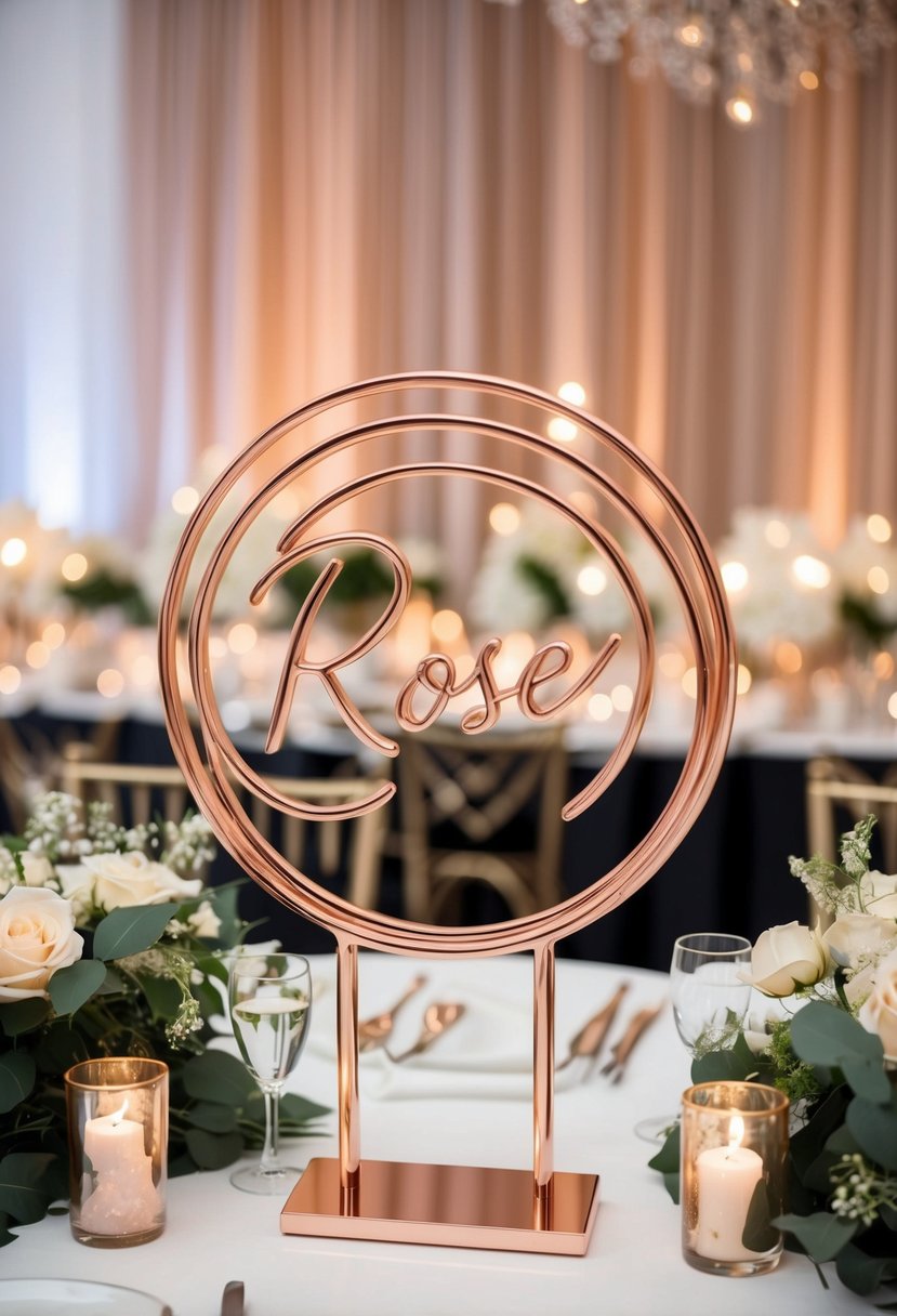 A luxurious rose gold metallic sign stands against a backdrop of elegant wedding decor, showcasing the romantic and glamorous theme