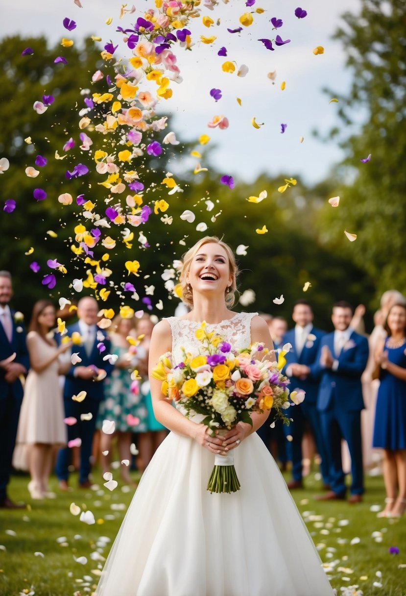 Colorful flower petals swirling in the air, creating a joyful and romantic atmosphere for a wedding send-off