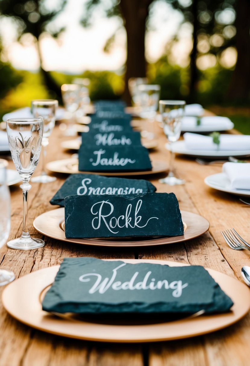 A rustic table set with slate rock markers for a wedding