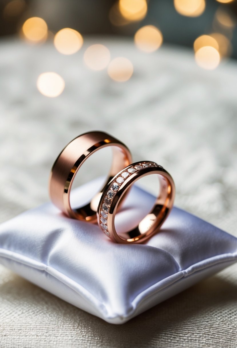 Two wedding rings with rose gold bands displayed on a white satin pillow