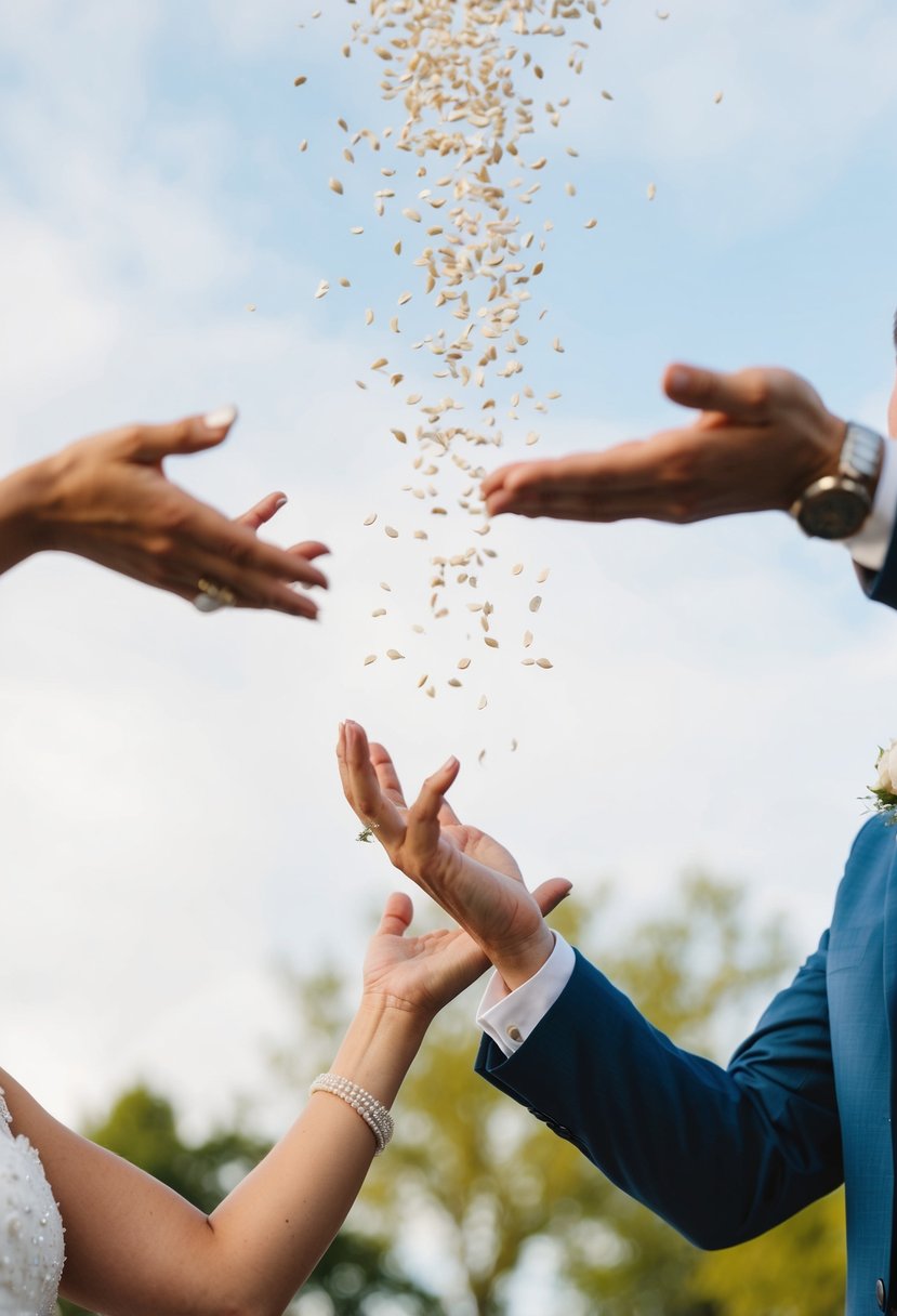 A couple's hands toss birdseed into the air, celebrating the newlyweds' send-off at a wedding