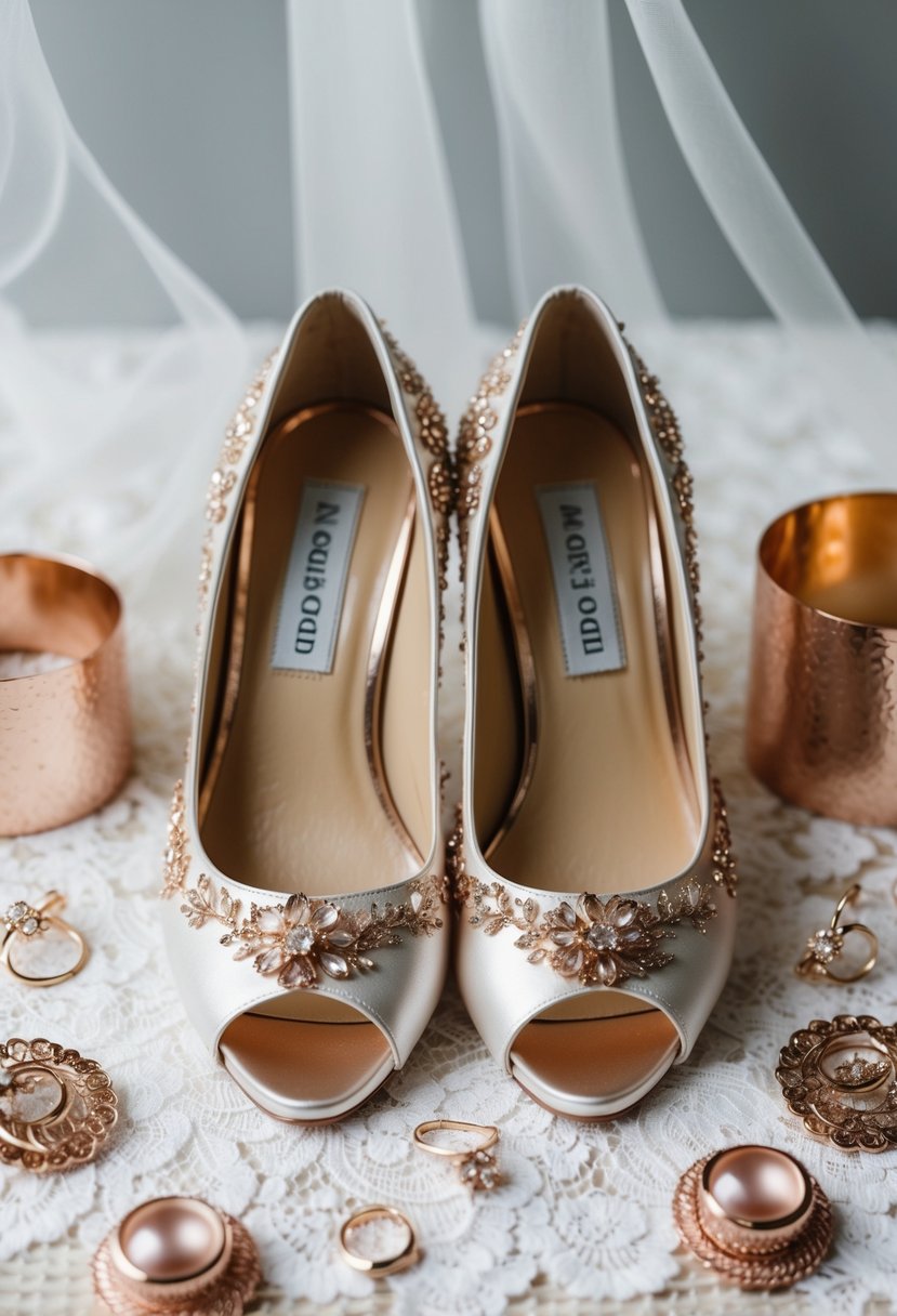 A pair of elegant bridal shoes with rose gold embellishments displayed on a white lace background, surrounded by delicate rose gold wedding accessories