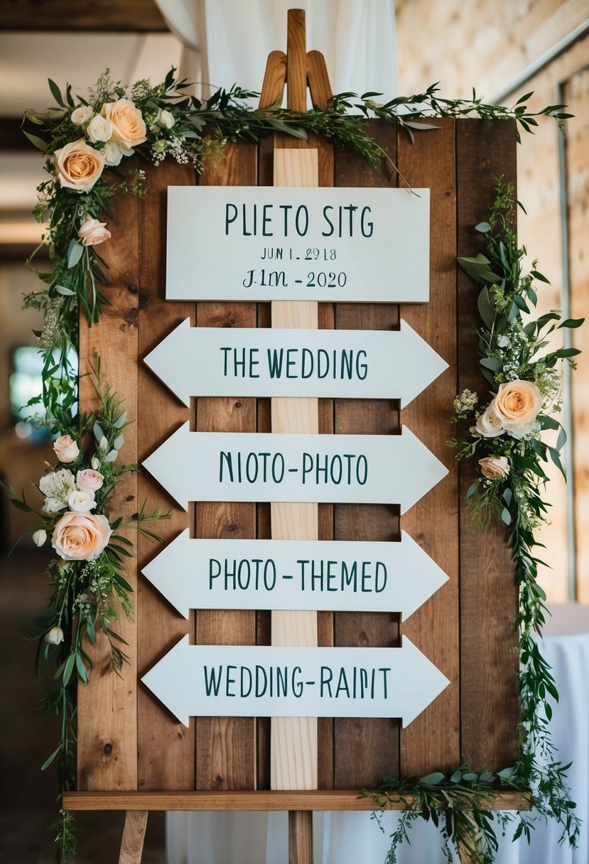 A timeline of photo-themed wedding signs displayed on a rustic wooden board with vintage frames and floral accents