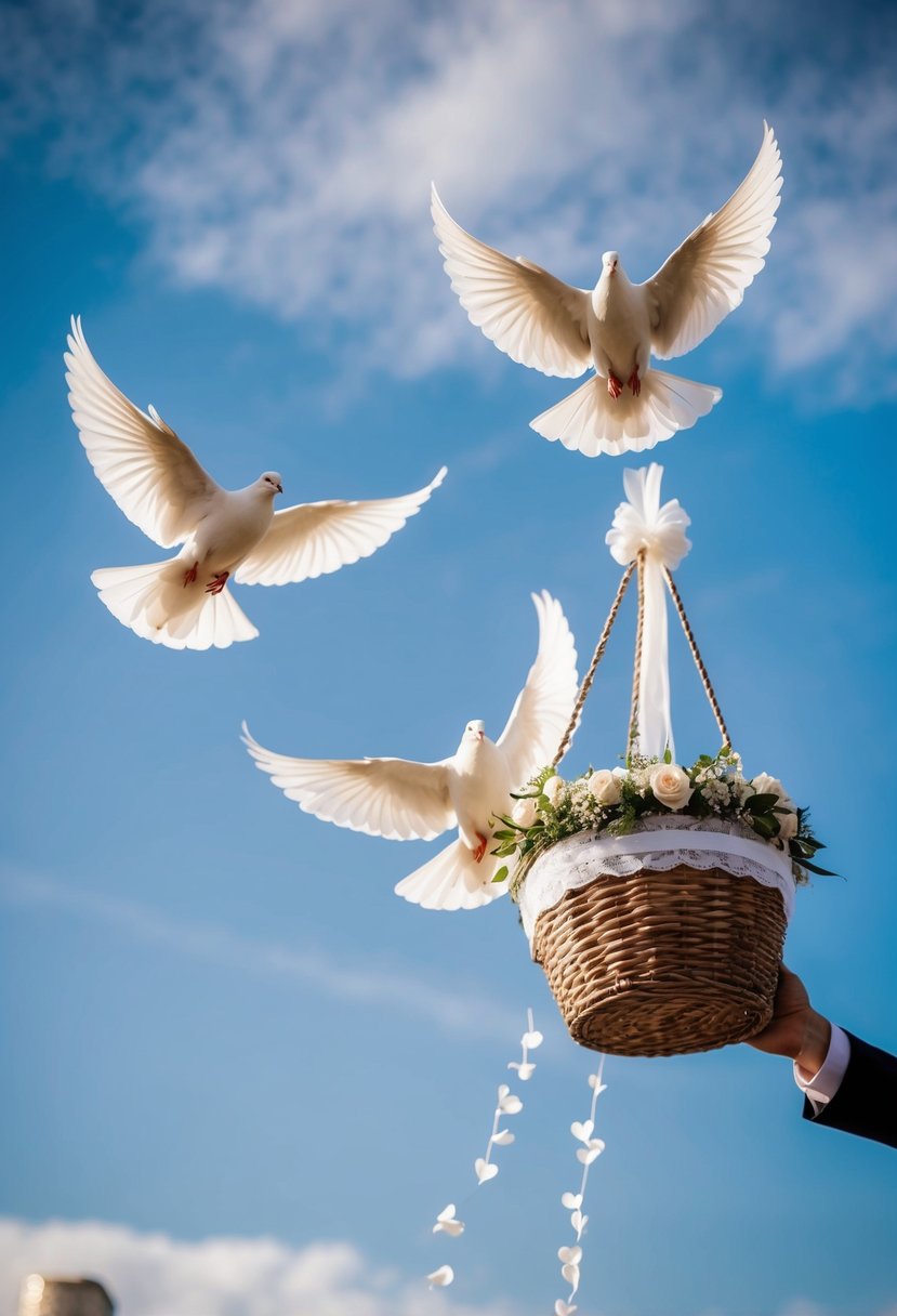 A pair of white doves are released into the sky from a decorated basket at a wedding send-off. The doves soar gracefully into the air, symbolizing love and peace