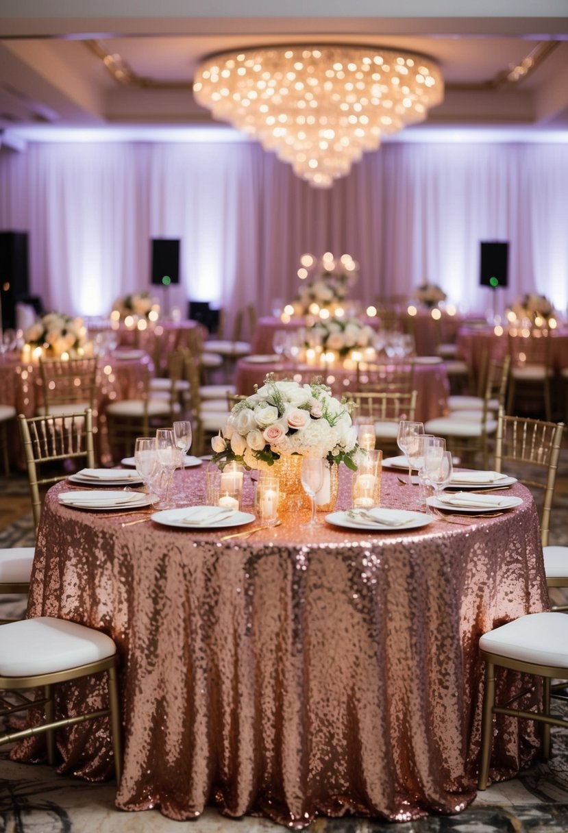 A lavish wedding reception with rose gold sequin tablecloths shimmering under soft lighting, creating a glamorous and romantic atmosphere