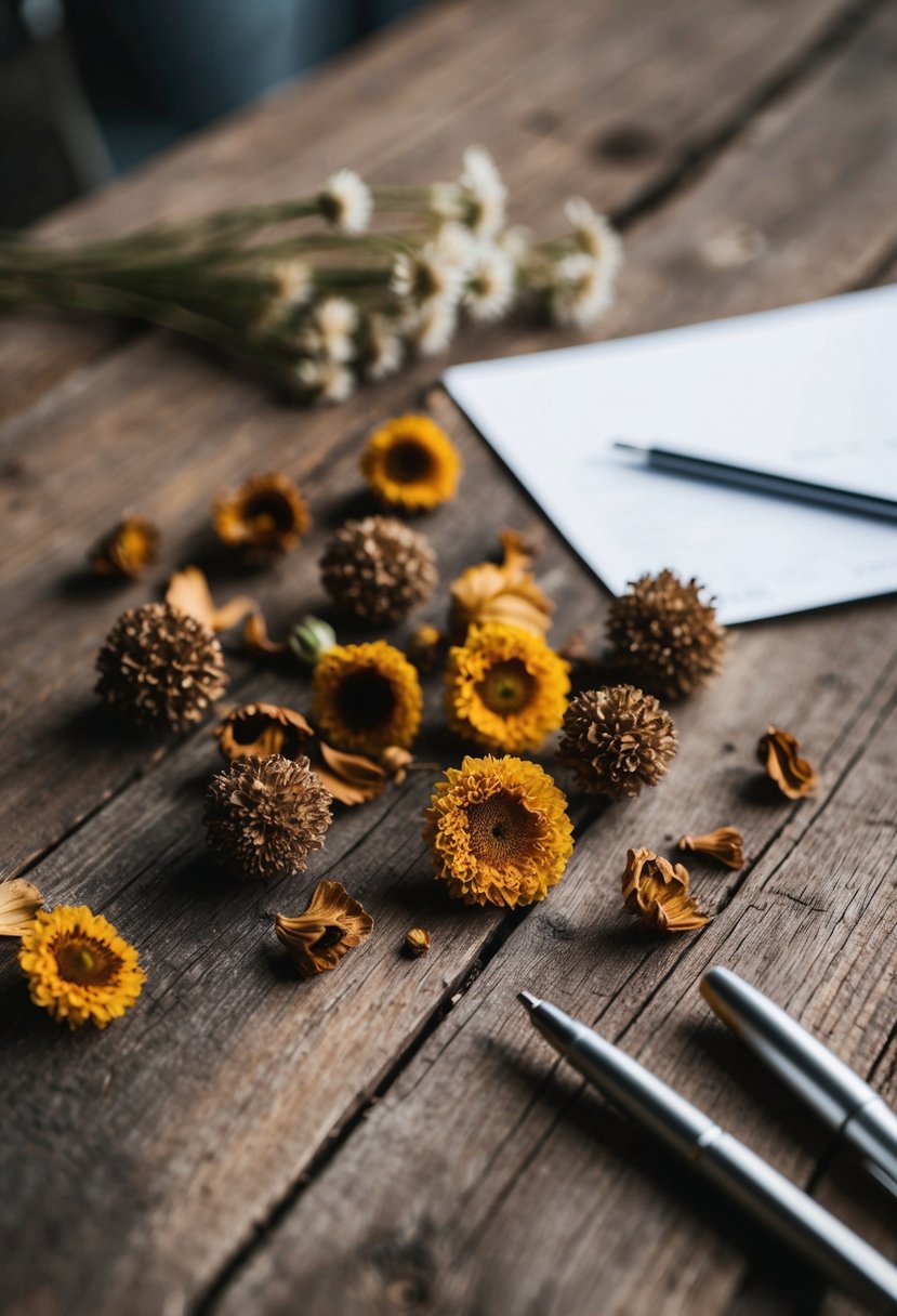 Dried flowers scattered on a rustic wooden table, with paper and pen nearby for wedding send-off ideas