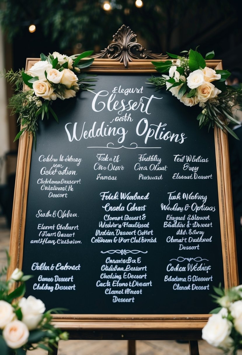 A chalkboard adorned with elegant dessert options for a wedding celebration