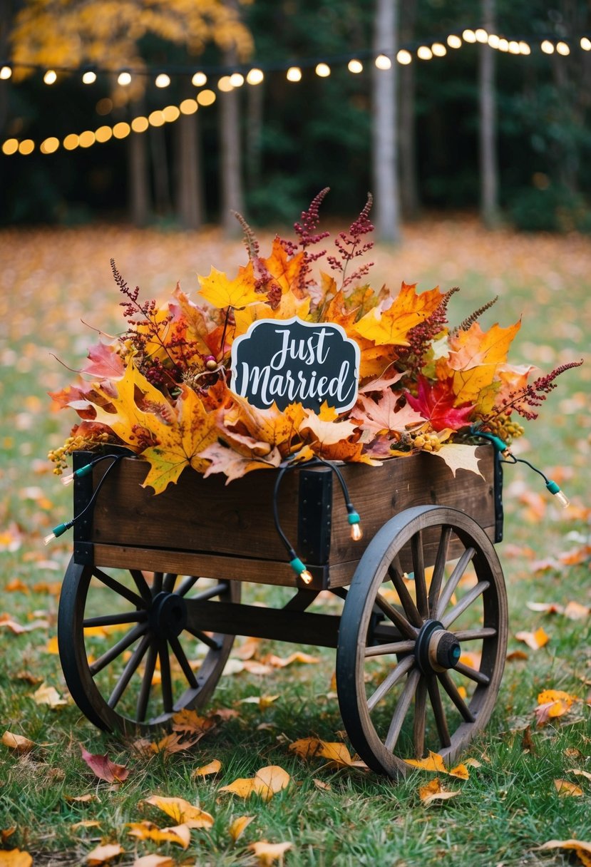 A rustic wooden cart filled with colorful autumn leaves, surrounded by twinkling lights and adorned with a "Just Married" sign