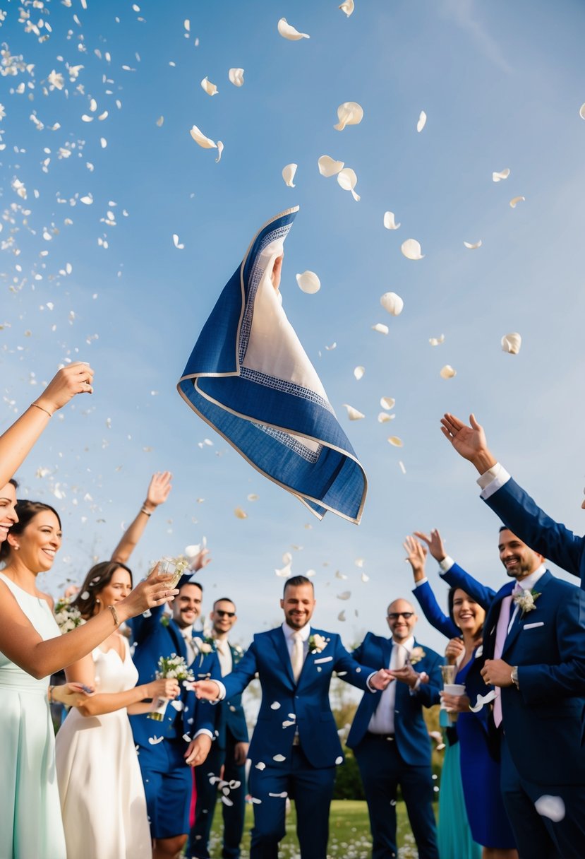 A handkerchief twirls in the air, surrounded by a flurry of petals and confetti, as guests cheer and wave goodbye to the newlyweds