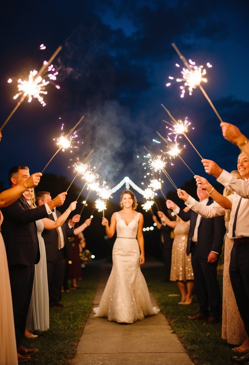 A group of sparklers lit up, creating a glowing tunnel as guests wave them for a wedding send-off