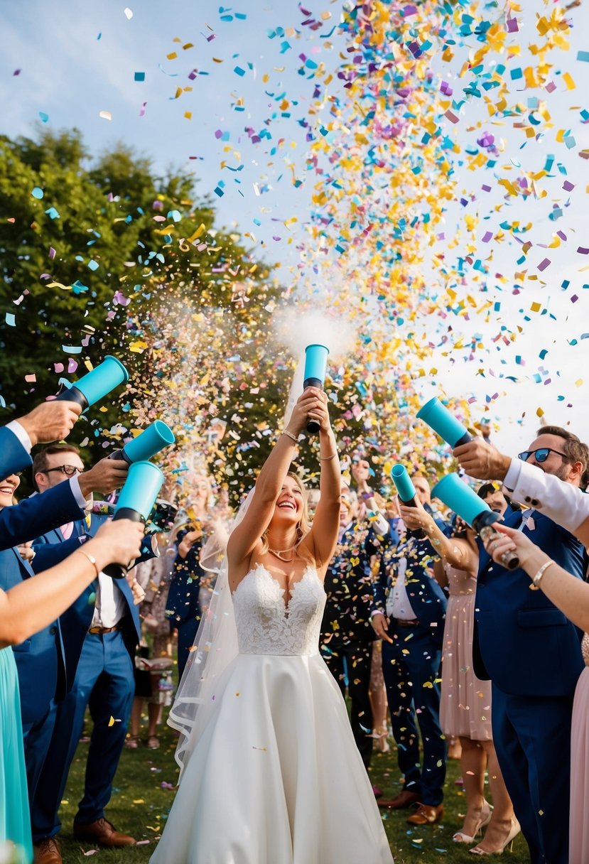 Colorful confetti cannons burst, showering the air with a joyful explosion of tiny paper shapes, creating a festive and celebratory atmosphere for a wedding send-off