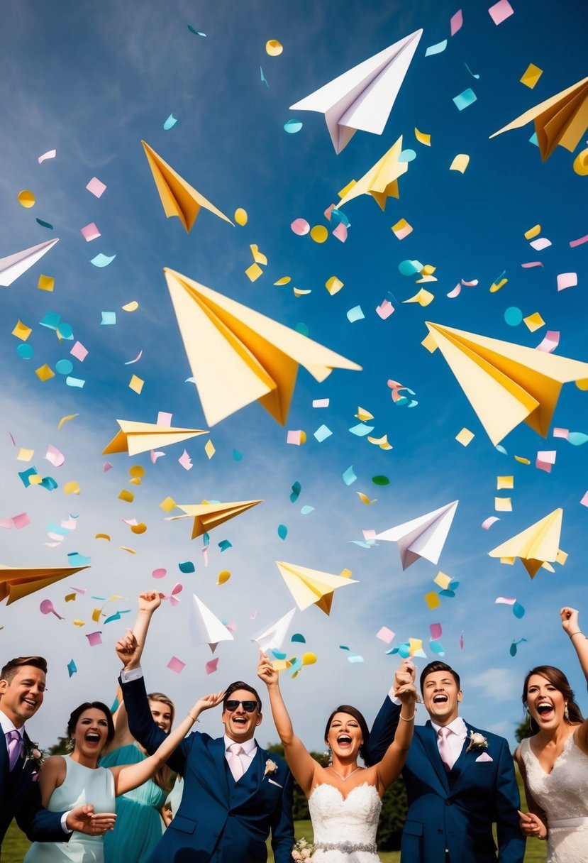 Paper airplanes flying in the air, surrounded by colorful confetti and joyful cheers from wedding guests