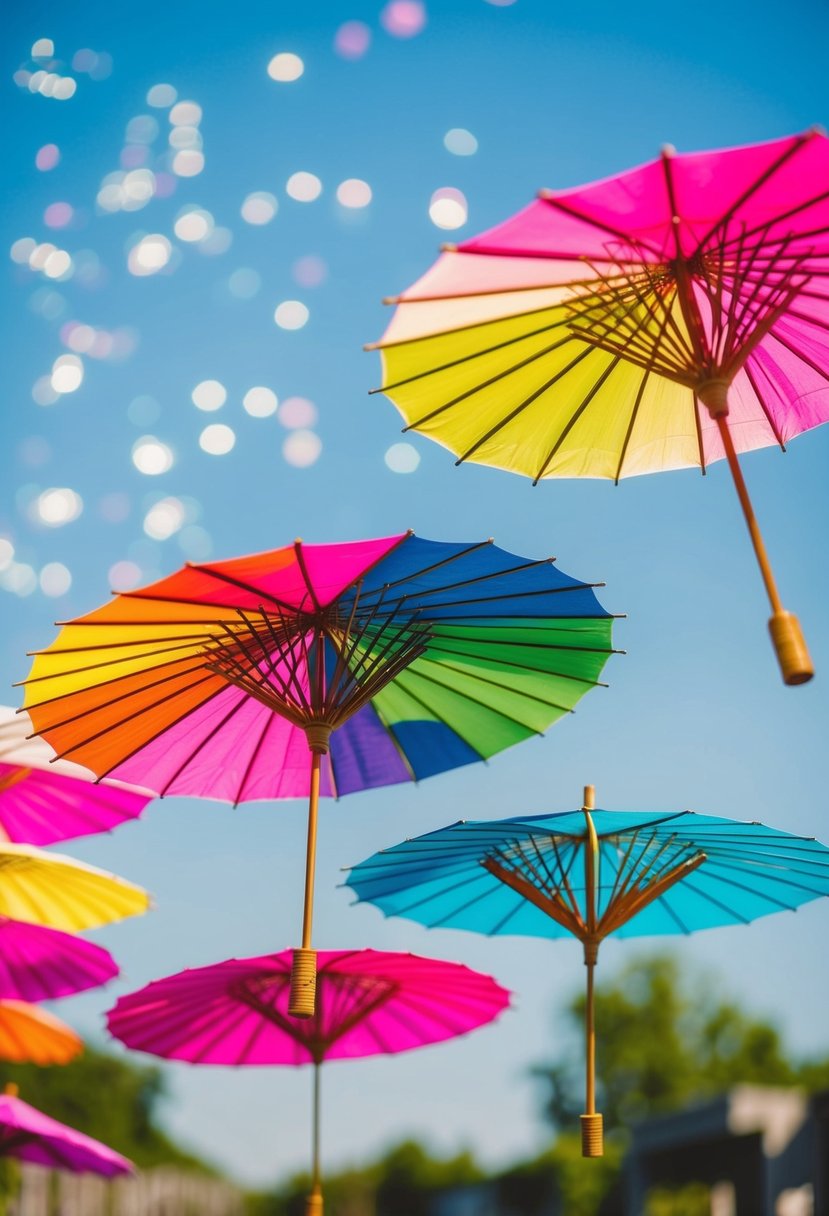 Colorful parasols float in the air, creating a vibrant wave of ideas for a send-off at a wedding