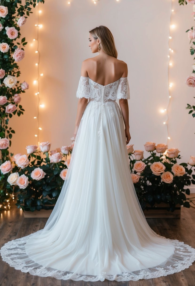 A flowing, off-the-shoulder gown with delicate lace details and a long train, set against a backdrop of blooming roses and twinkling string lights