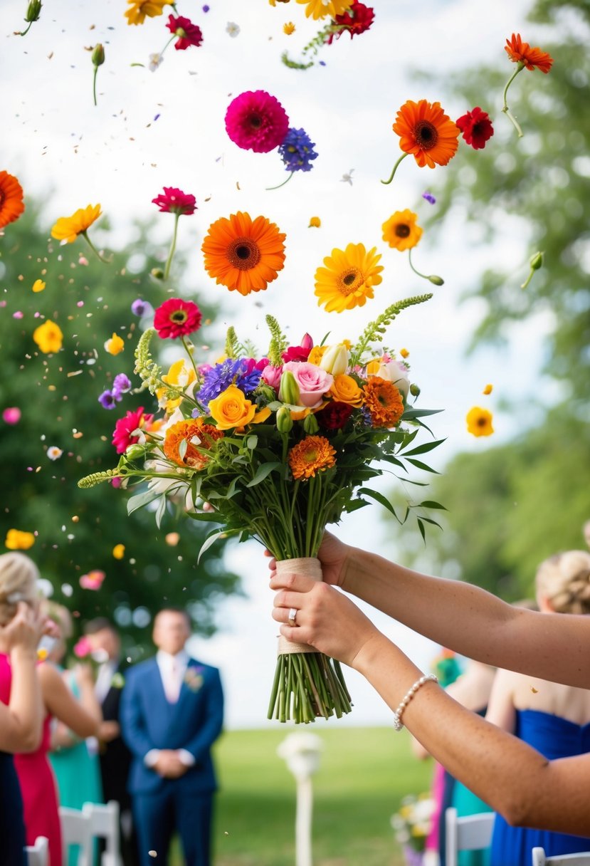 Colorful flowers tossed in the air at a wedding send-off