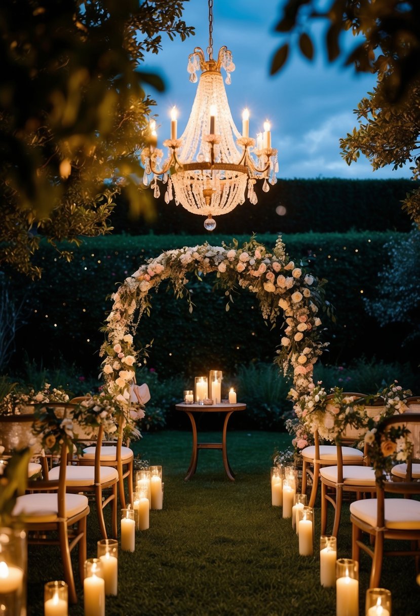 A candlelit garden with twinkling lights, a floral arch, and a vintage chandelier, set for an intimate wedding ceremony