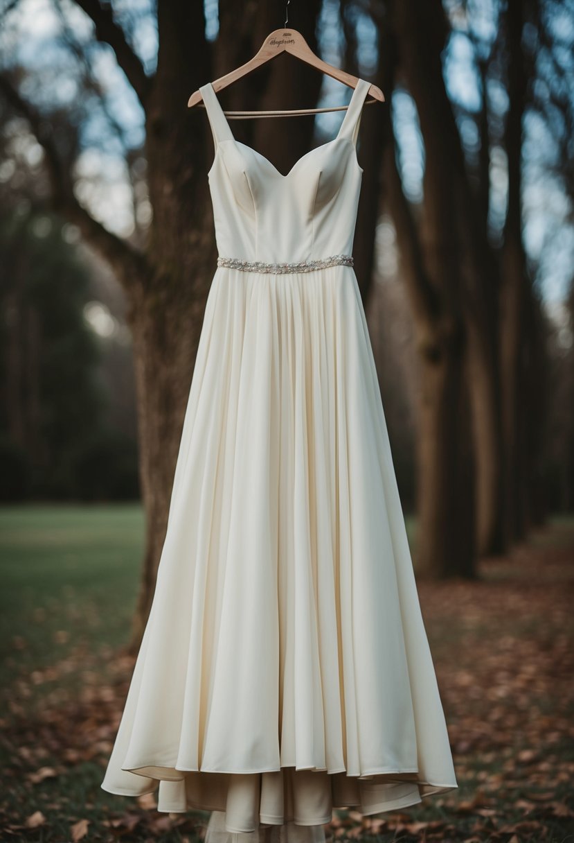 A flowing ivory tea-length dress on a vintage hanger