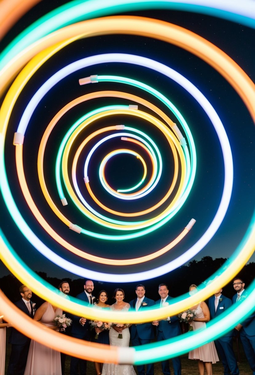 Colorful glow sticks arranged in a swirling pattern, illuminating the night sky at a wedding send-off