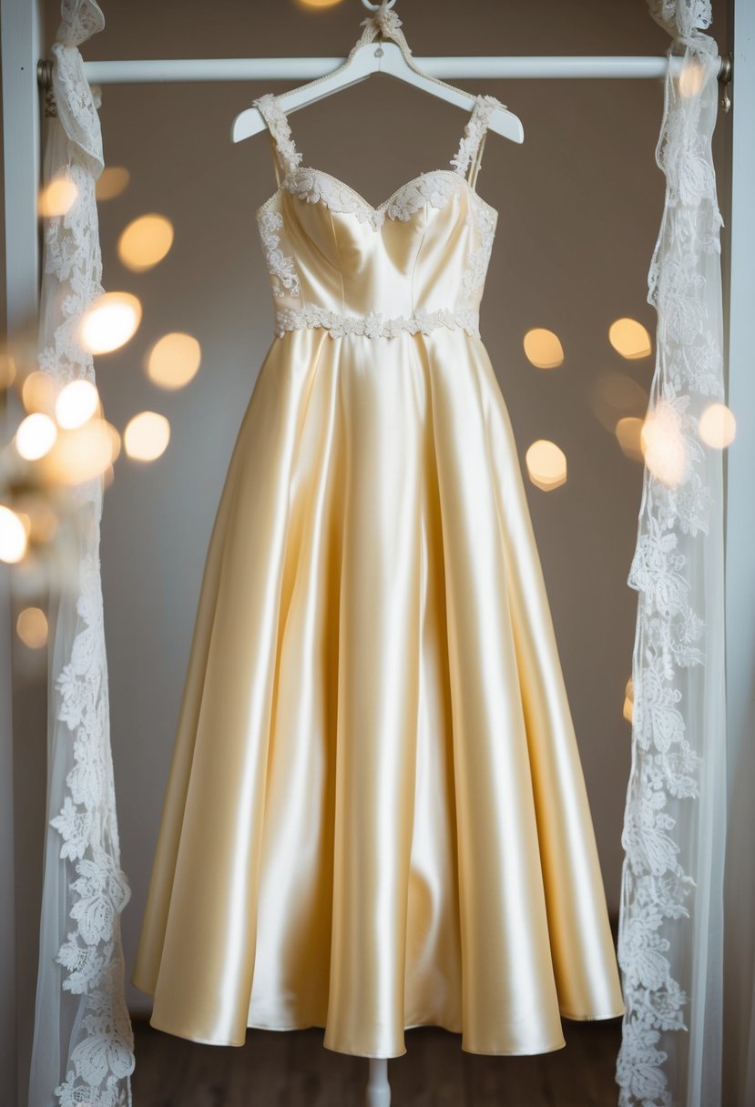 A champagne satin gown hangs on a vintage-style dress form, surrounded by soft lighting and delicate lace accents