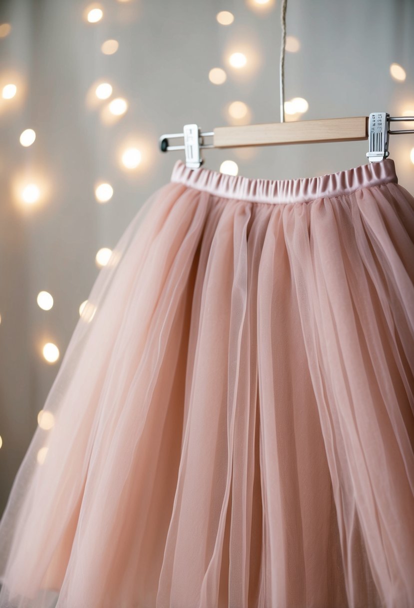 A delicate tulle skirt in light blush, flowing gently in the breeze, set against a backdrop of soft, romantic lighting