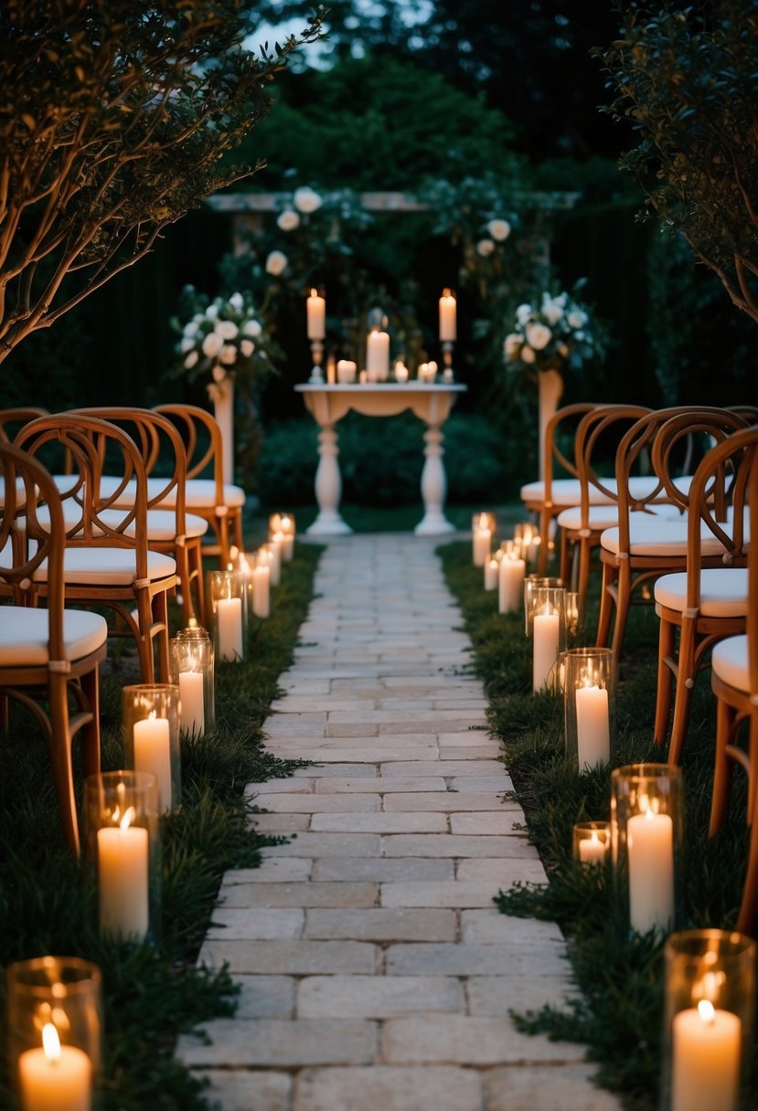 A candlelit aisle winds through a garden, leading to an intimate wedding altar