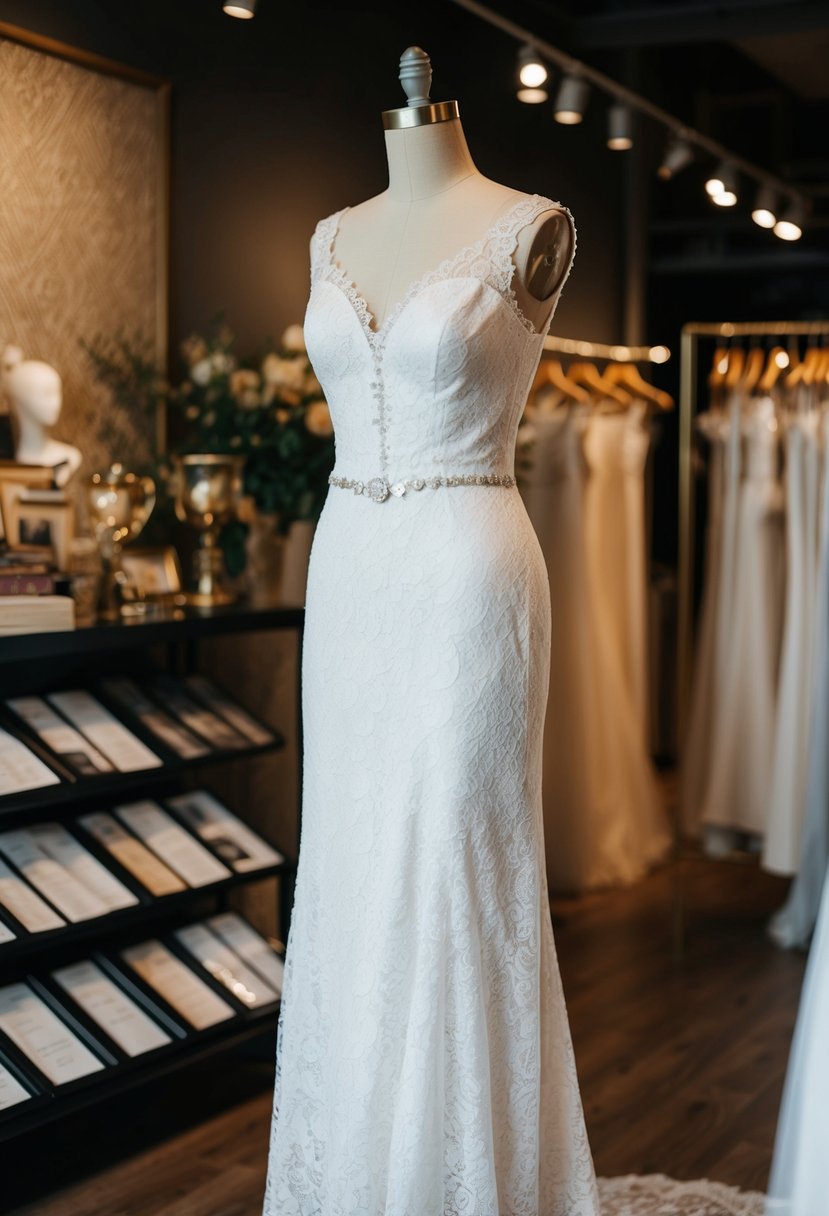 A vintage lace sheath wedding dress displayed on a mannequin in a dimly lit boutique