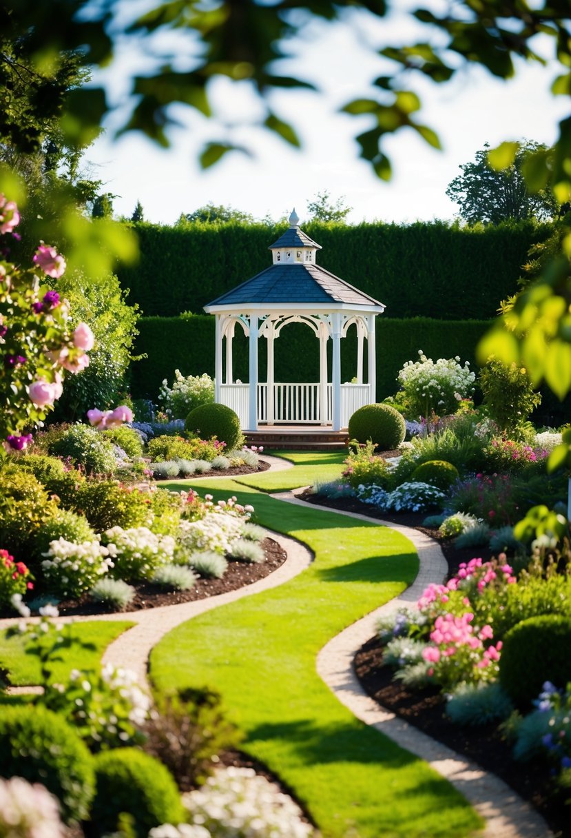 A lush garden with blooming flowers, winding paths, and a charming gazebo set for a romantic wedding ceremony