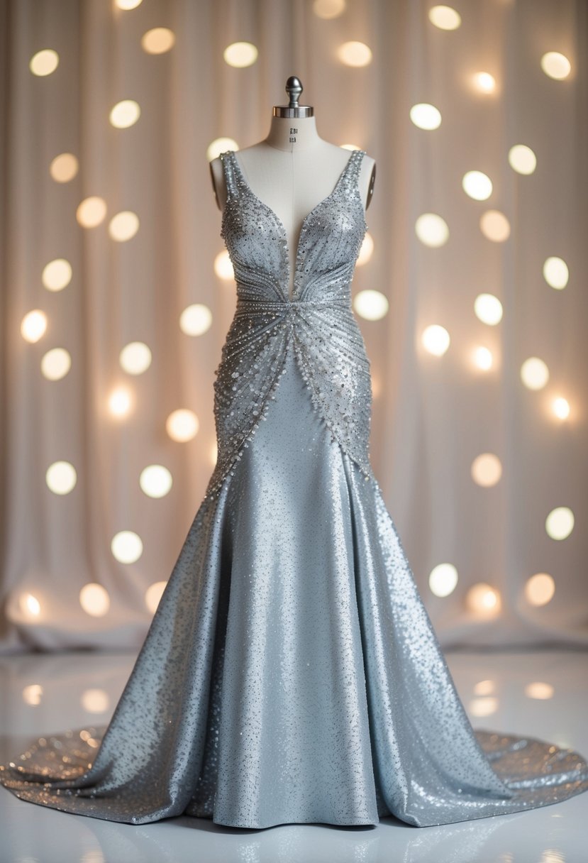 A shimmering silver gown adorned with metallic details, set against a backdrop of soft, romantic lighting