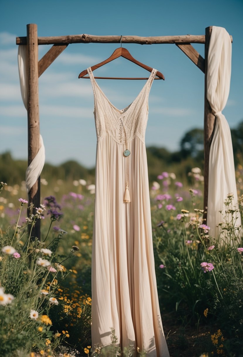 A flowing bohemian-style maxi dress hangs on a rustic wooden hanger, surrounded by blooming wildflowers and draped fabric