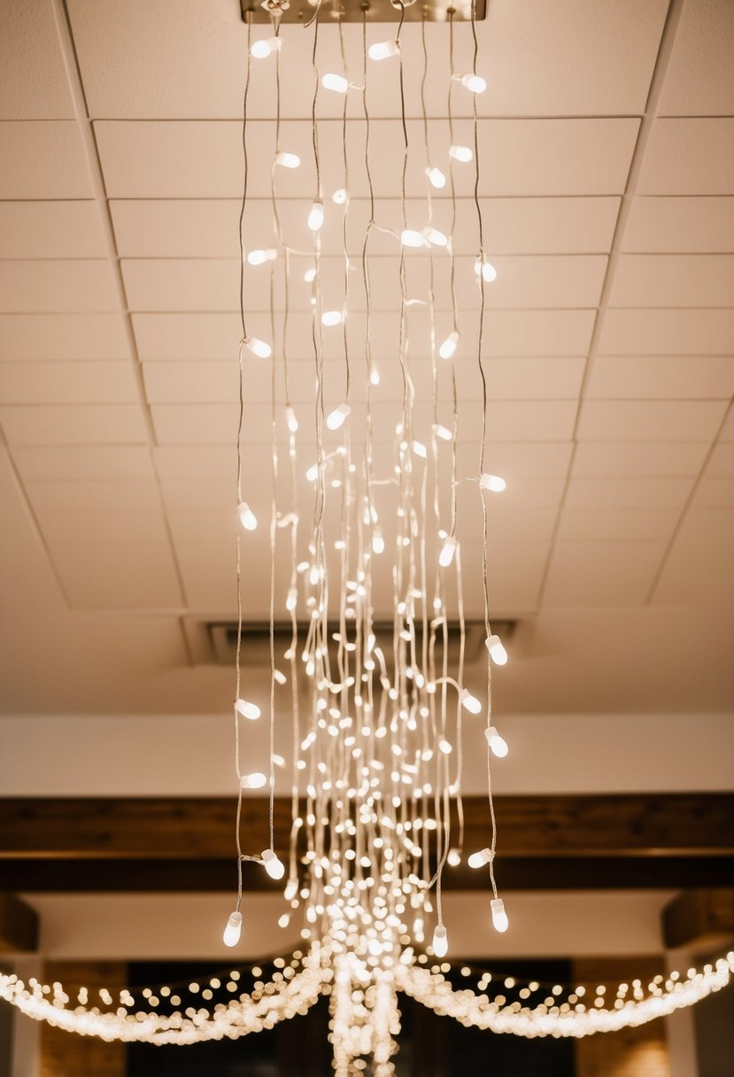 Twinkle lights hang from the ceiling, creating a romantic ambiance for a wedding