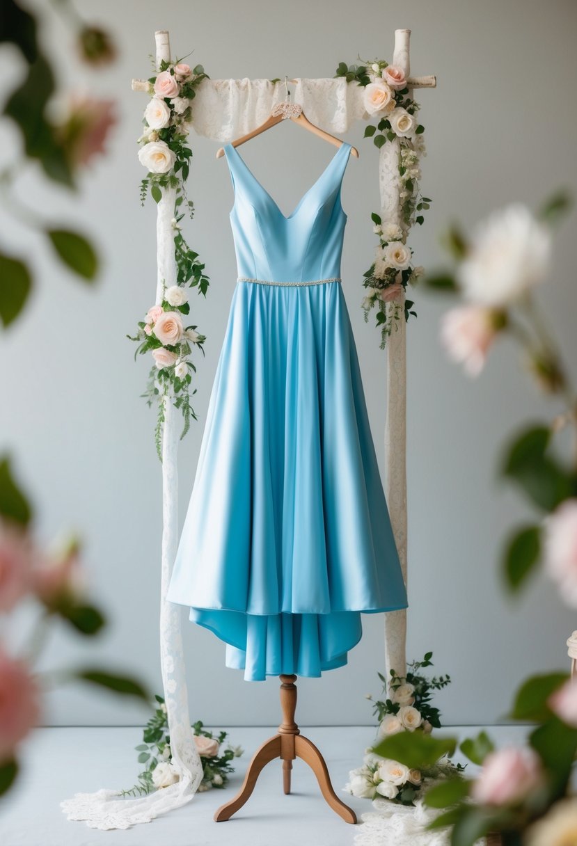 A soft blue A-line gown hangs gracefully on a vintage dress form, surrounded by delicate lace and floral accents