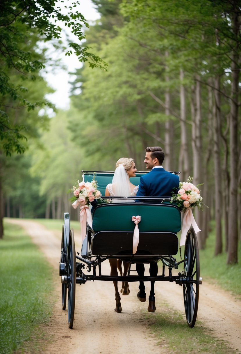 A horse-drawn carriage glides through a forest, adorned with flowers and ribbons, as the couple enjoys a romantic ride