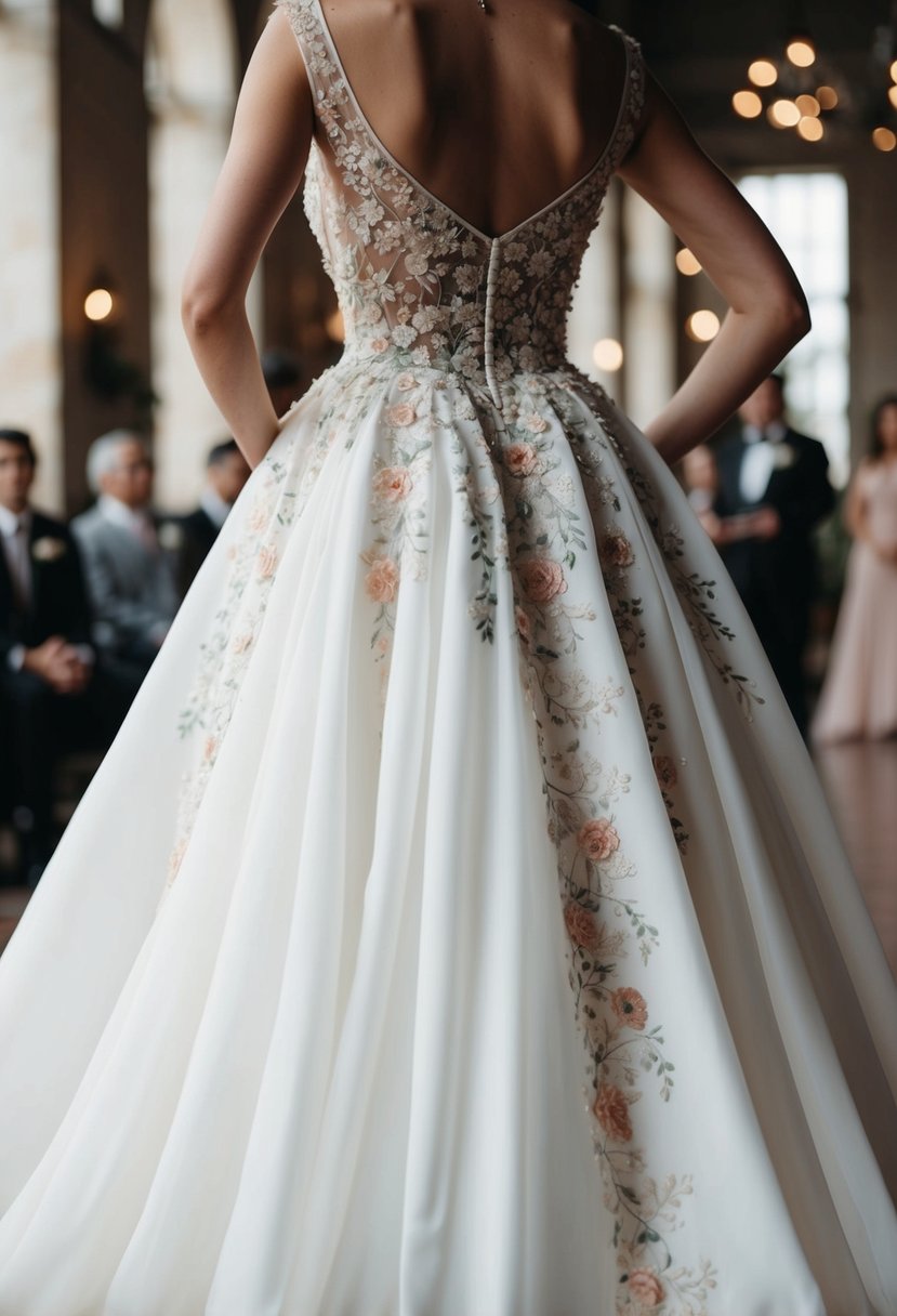 A flowing white gown with delicate floral embroidery cascading down the bodice