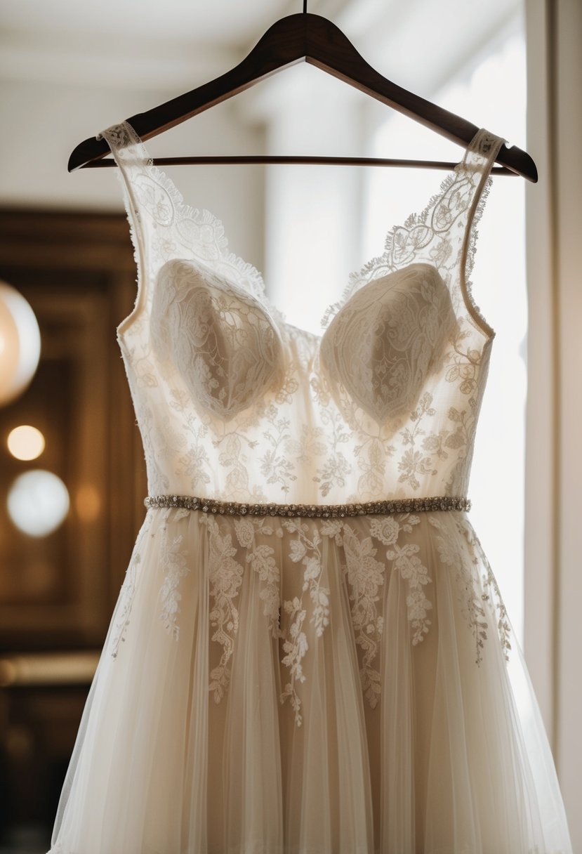 A delicate lace and tulle wedding dress hanging from a vintage wooden hanger