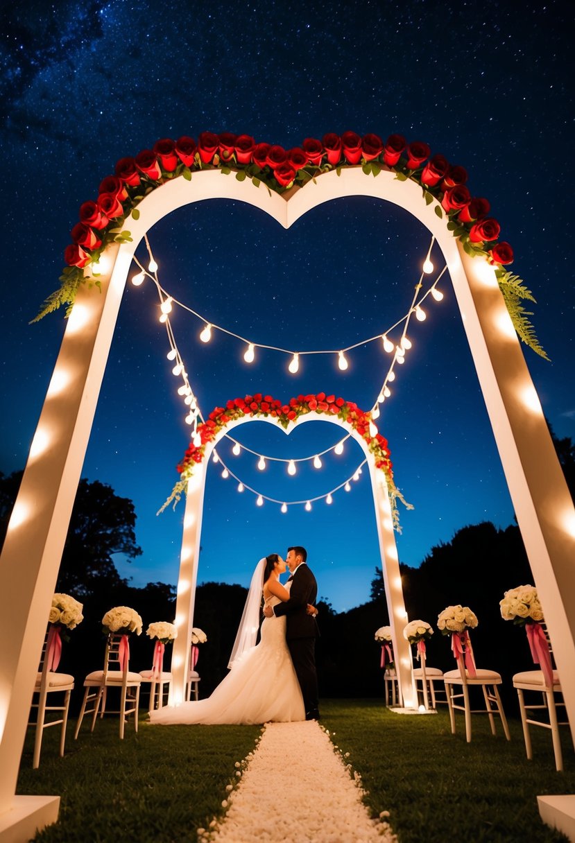 A romantic outdoor wedding ceremony with heart-shaped decorations, red roses, and twinkling lights under a starry night sky