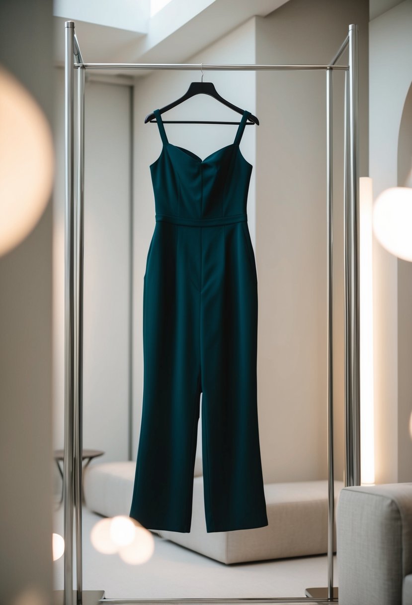 An elegant jumpsuit hanging on a sleek, modern clothing rack, surrounded by soft lighting and minimalist decor