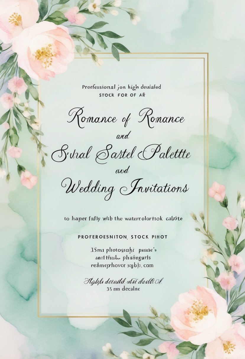 A soft, pastel watercolor palette with delicate floral motifs and flowing script, evoking a sense of romance and elegance for wedding invitations